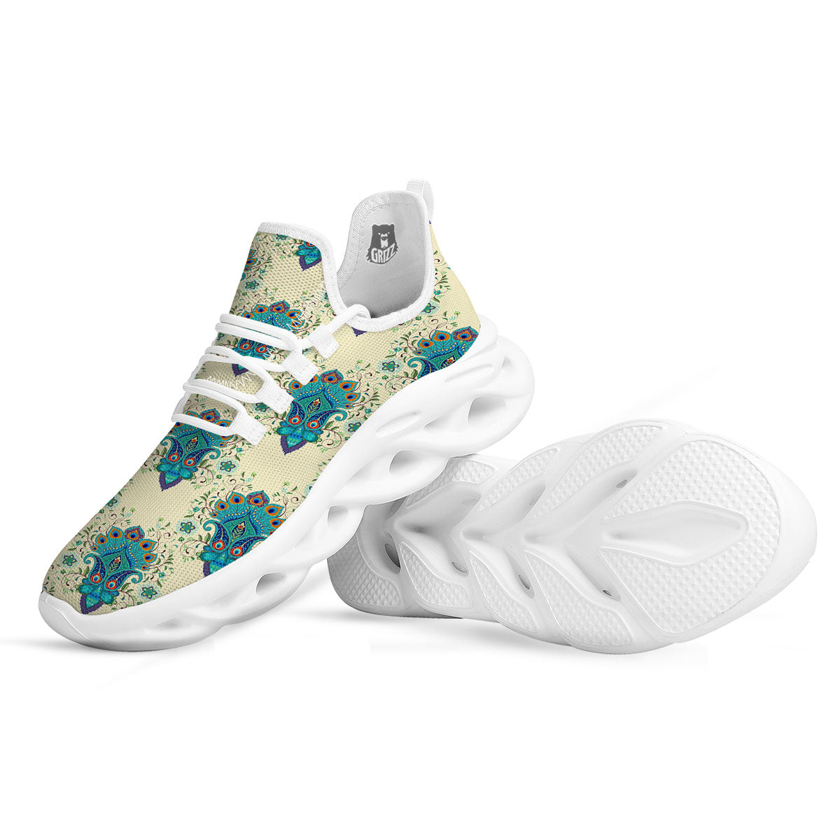 Peacock Feather Vintage Print Pattern White Running Shoes-grizzshop
