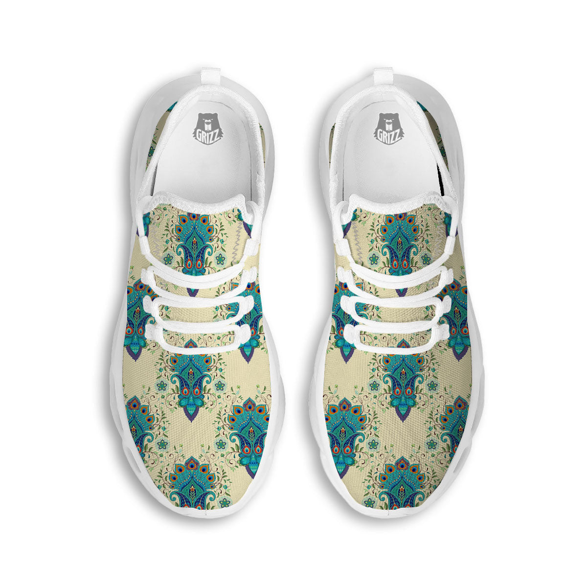 Peacock Feather Vintage Print Pattern White Running Shoes-grizzshop