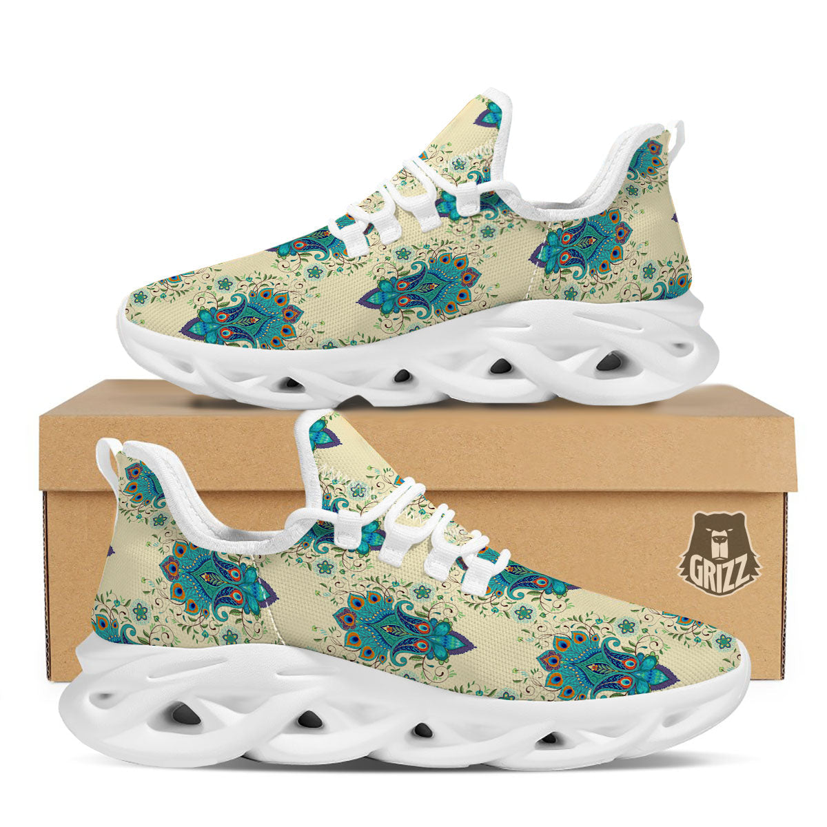 Peacock Feather Vintage Print Pattern White Running Shoes-grizzshop