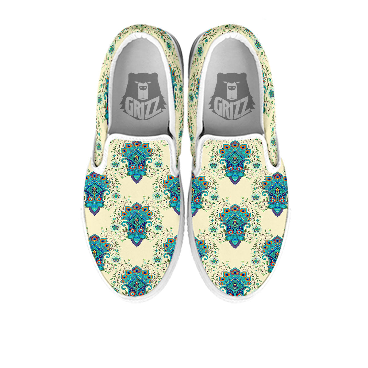Peacock Feather Vintage Print Pattern White Slip On Shoes-grizzshop