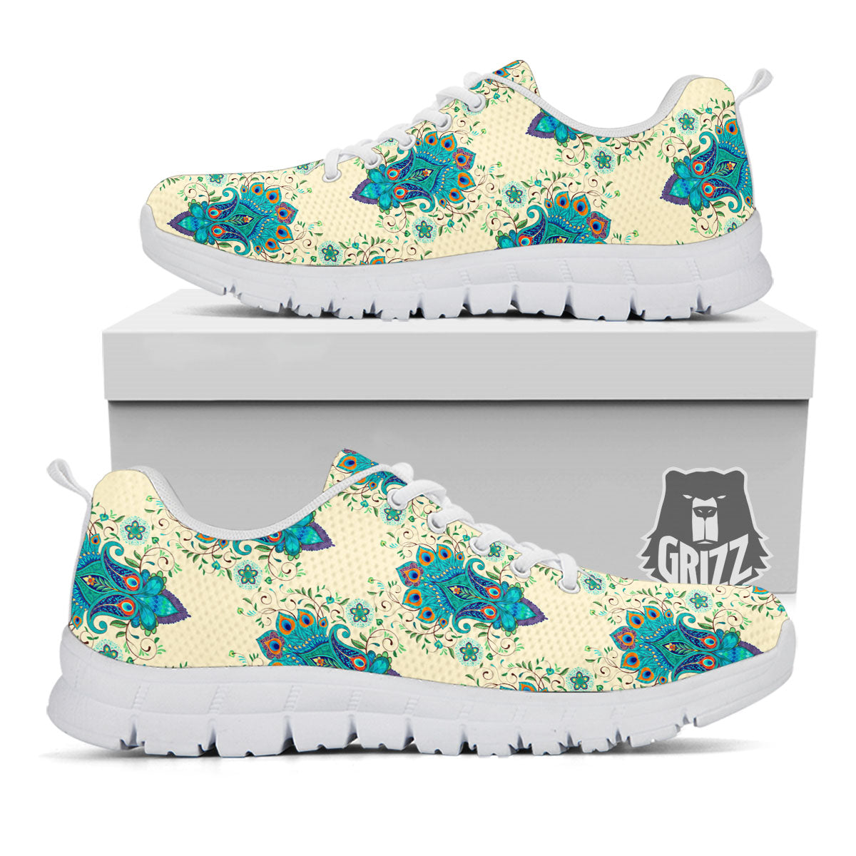 Peacock Feather Vintage Print Pattern White Sneaker-grizzshop