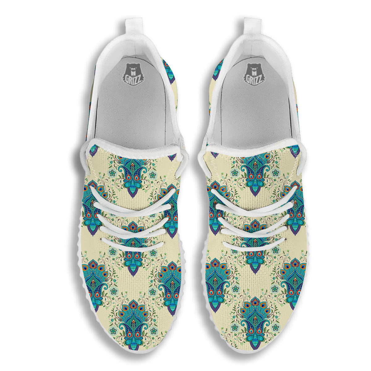 Peacock Feather Vintage Print Pattern White Walking Shoes-grizzshop