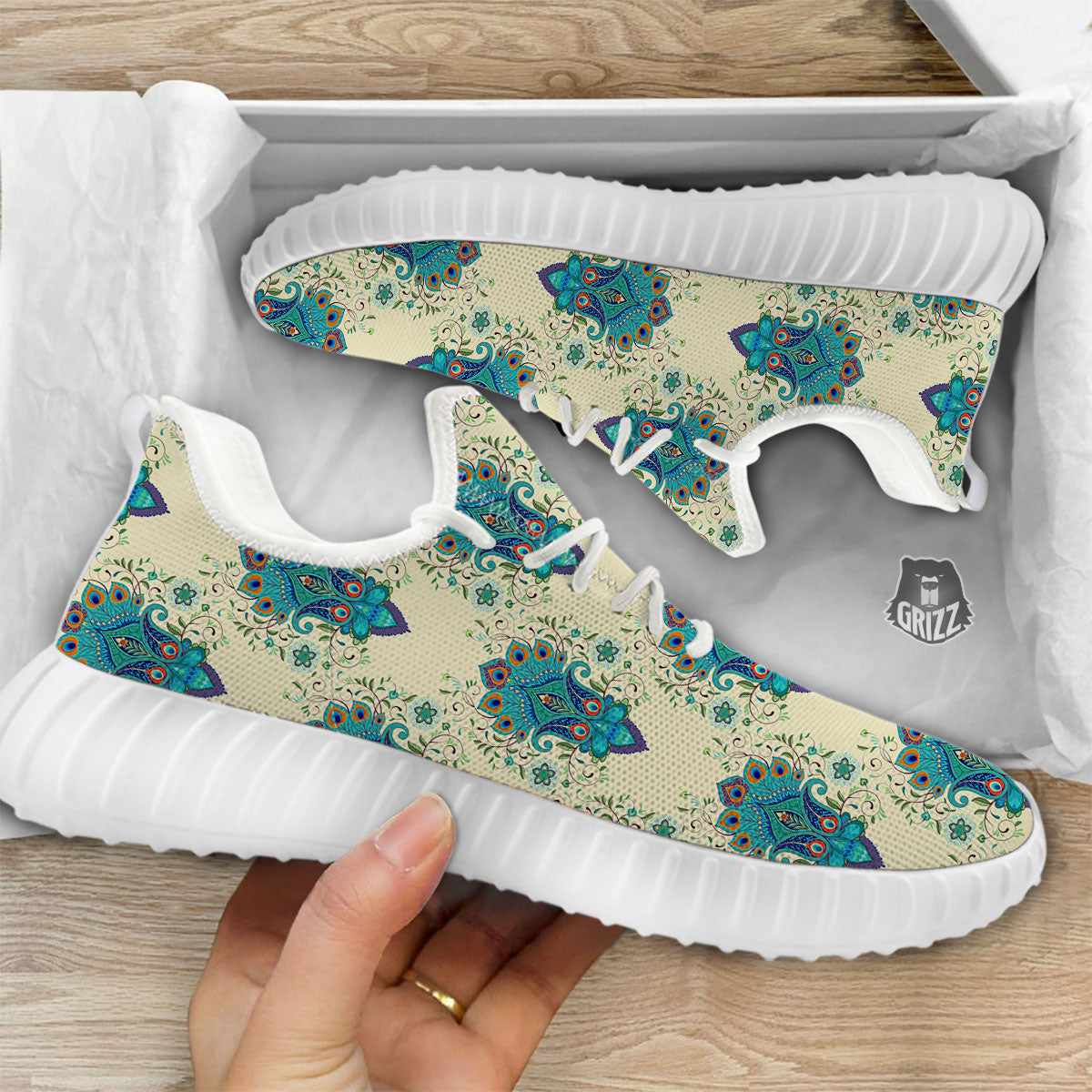 Peacock Feather Vintage Print Pattern White Walking Shoes-grizzshop