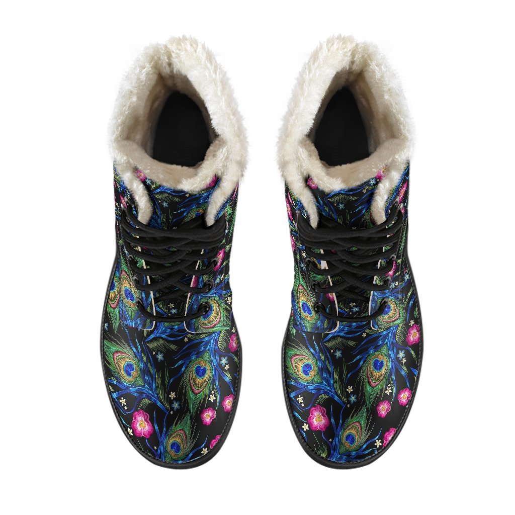 Peacock Rose Feather Pattern Print Comfy Winter Boots-grizzshop
