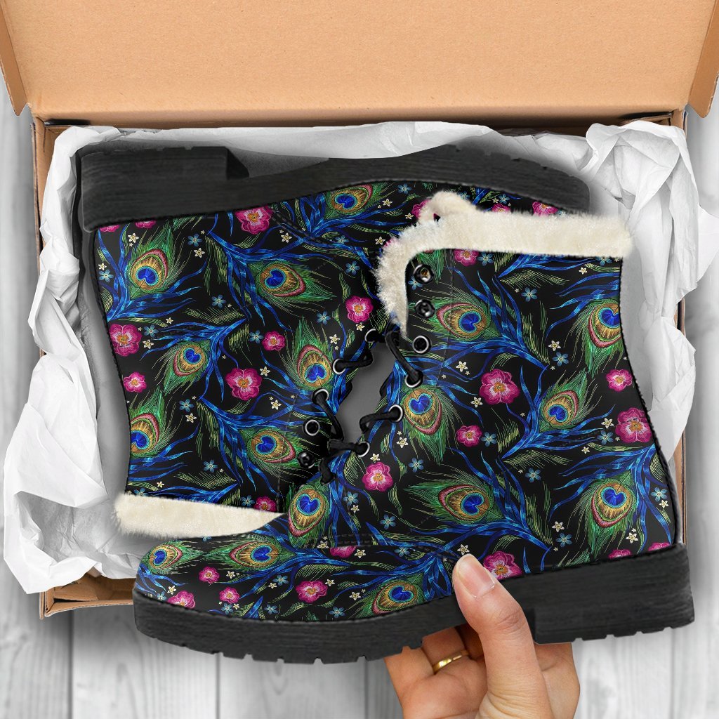 Peacock Rose Feather Pattern Print Comfy Winter Boots-grizzshop