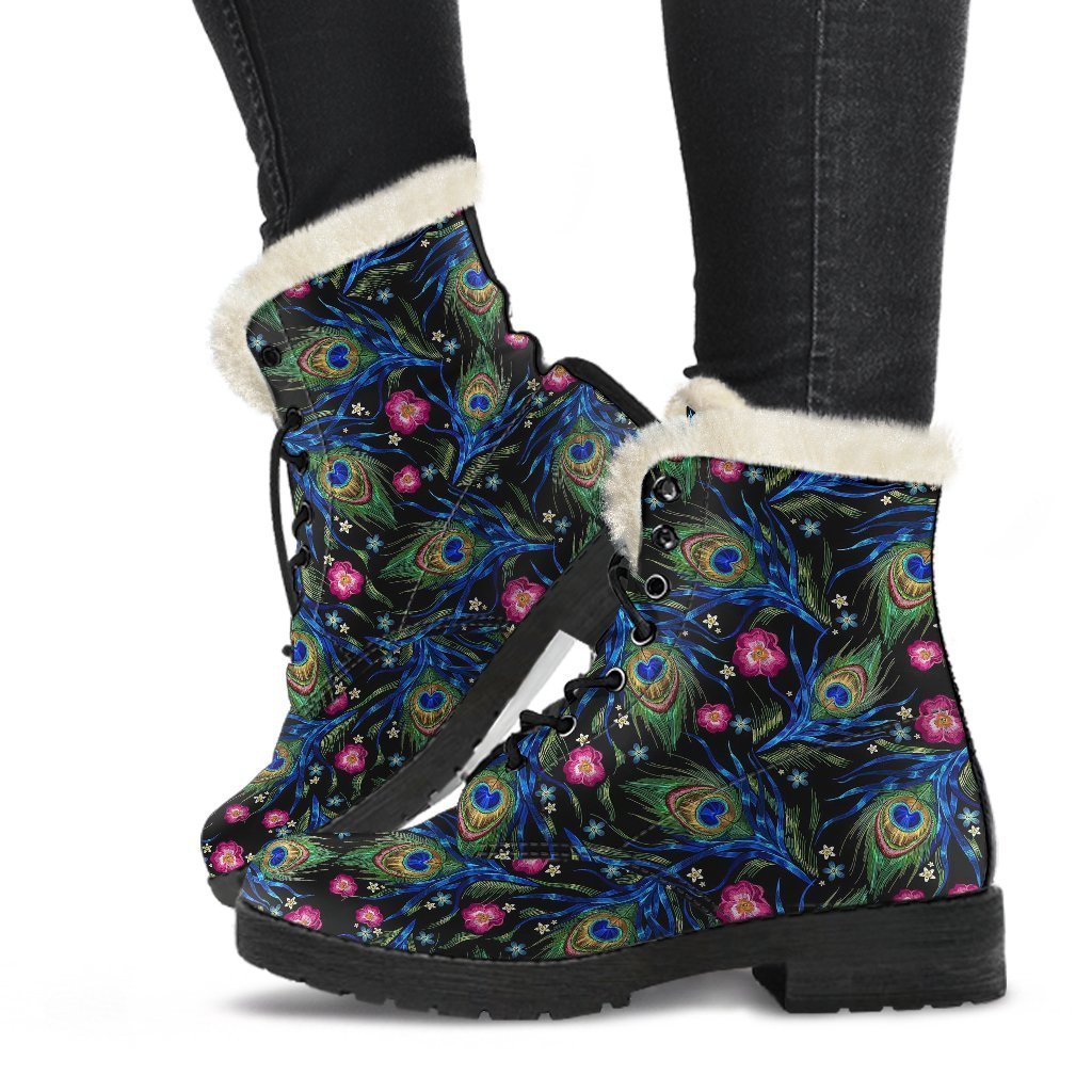 Peacock Rose Feather Pattern Print Comfy Winter Boots-grizzshop