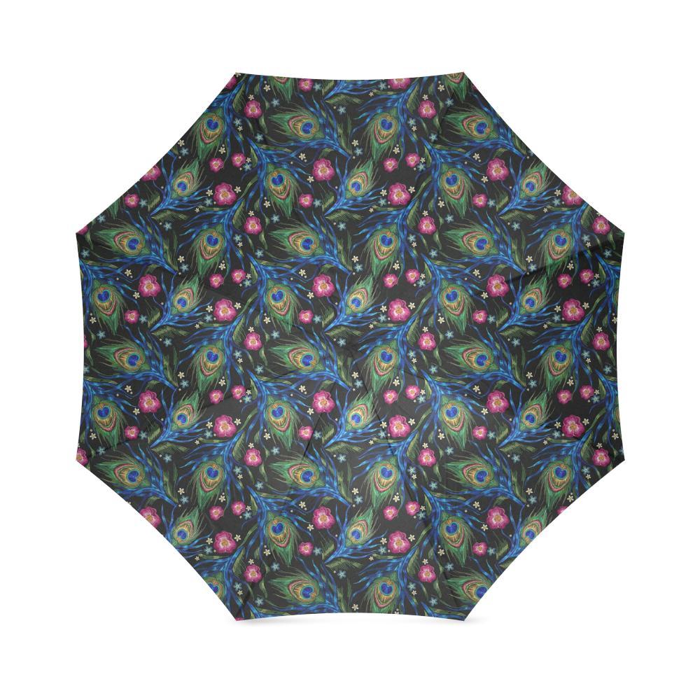 Peacock Rose Feather Pattern Print Foldable Umbrella-grizzshop