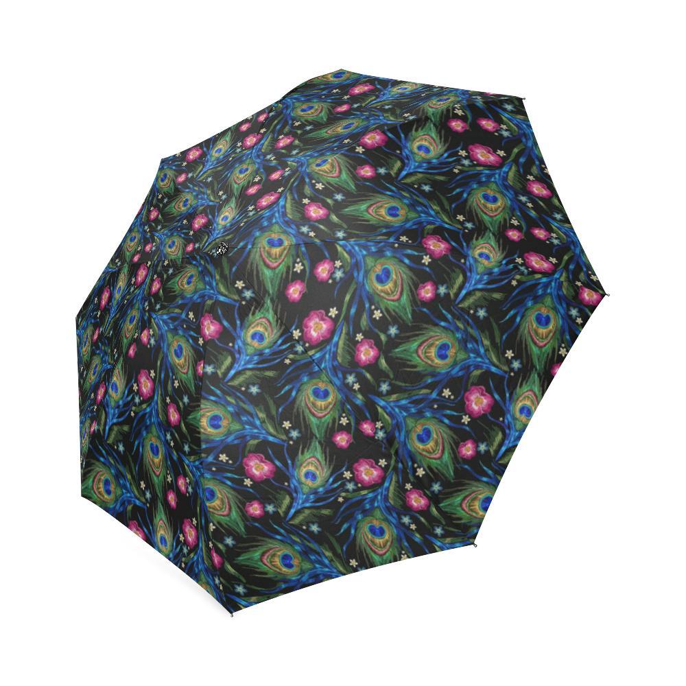 Peacock Rose Feather Pattern Print Foldable Umbrella-grizzshop