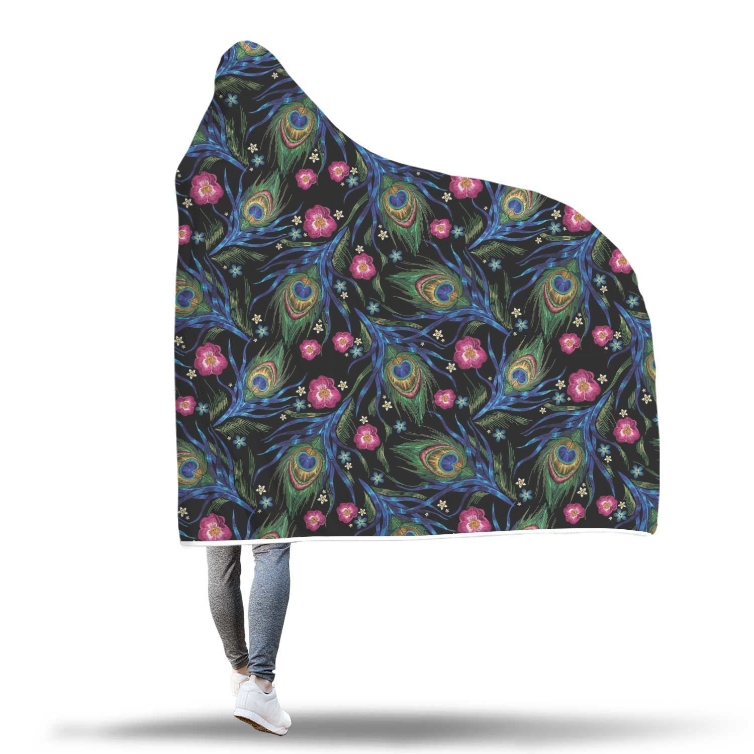 Peacock Rose Feather Pattern Print Hooded Blanket-grizzshop