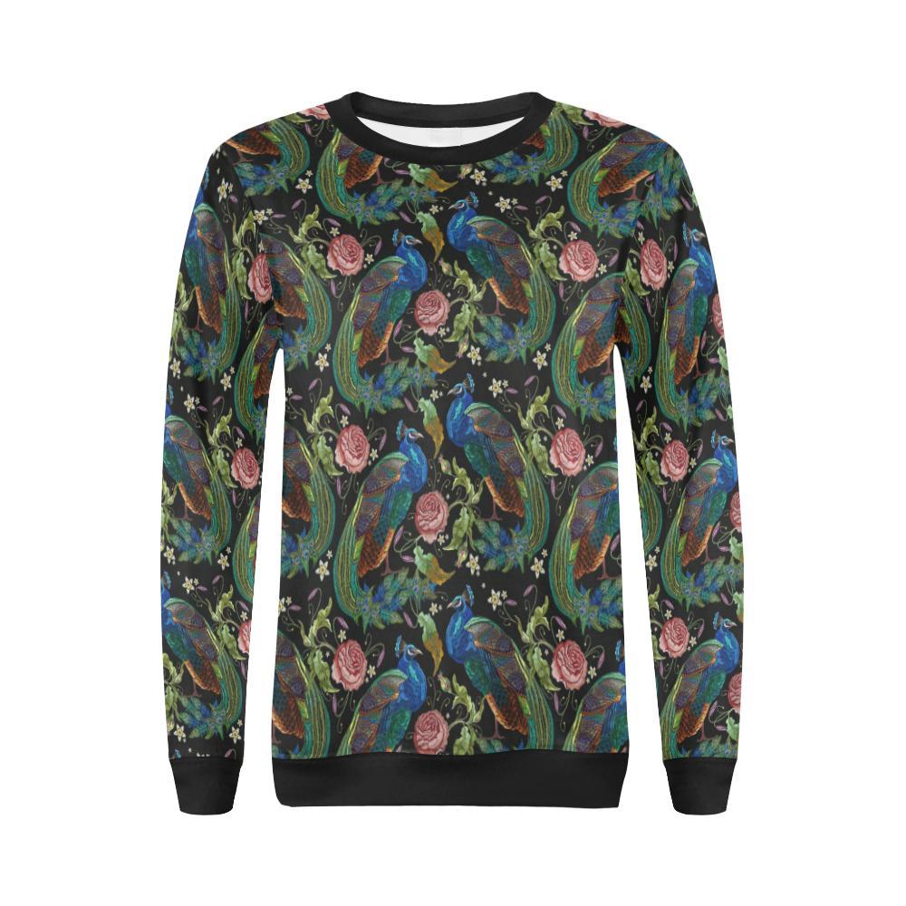 Peacock Rose Feather Pattern Print Peacock Rose Pattern Print Women Crewneck Sweatshirt-grizzshop