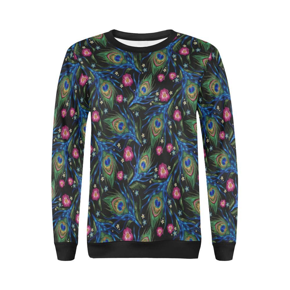 Peacock Rose Feather Pattern Print Women Crewneck Sweatshirt-grizzshop