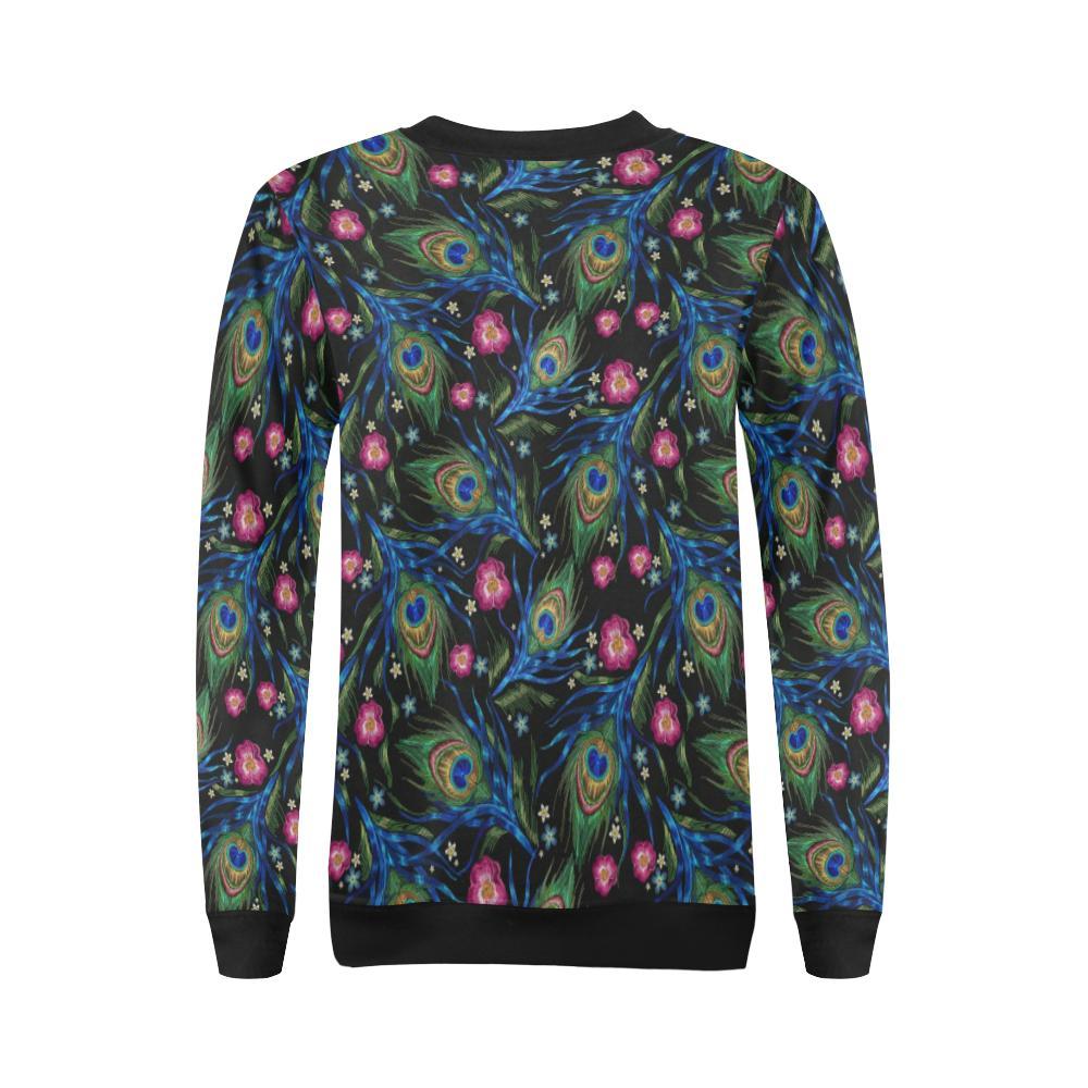Peacock Rose Feather Pattern Print Women Crewneck Sweatshirt-grizzshop