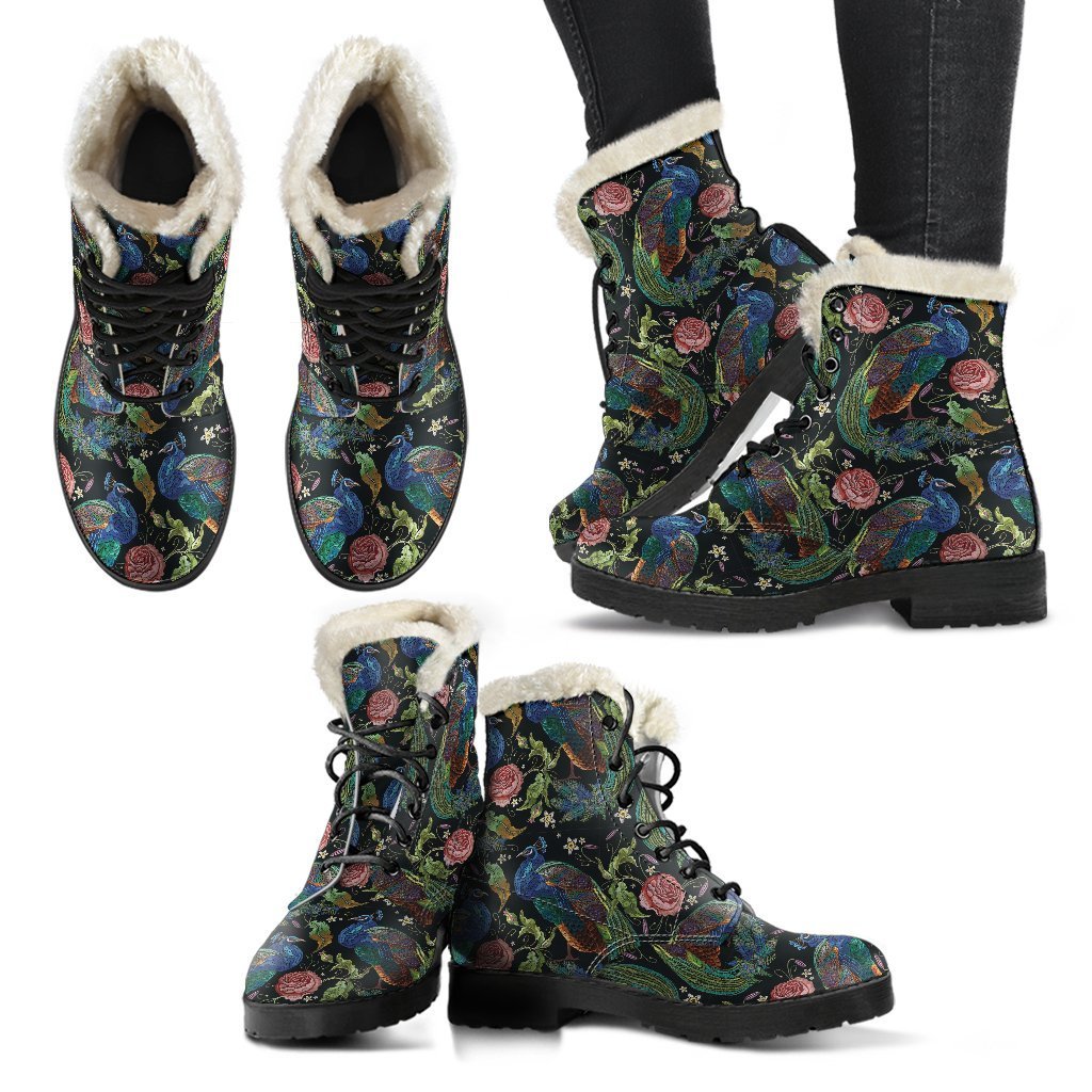 Peacock Rose Pattern Print Comfy Winter Boots-grizzshop