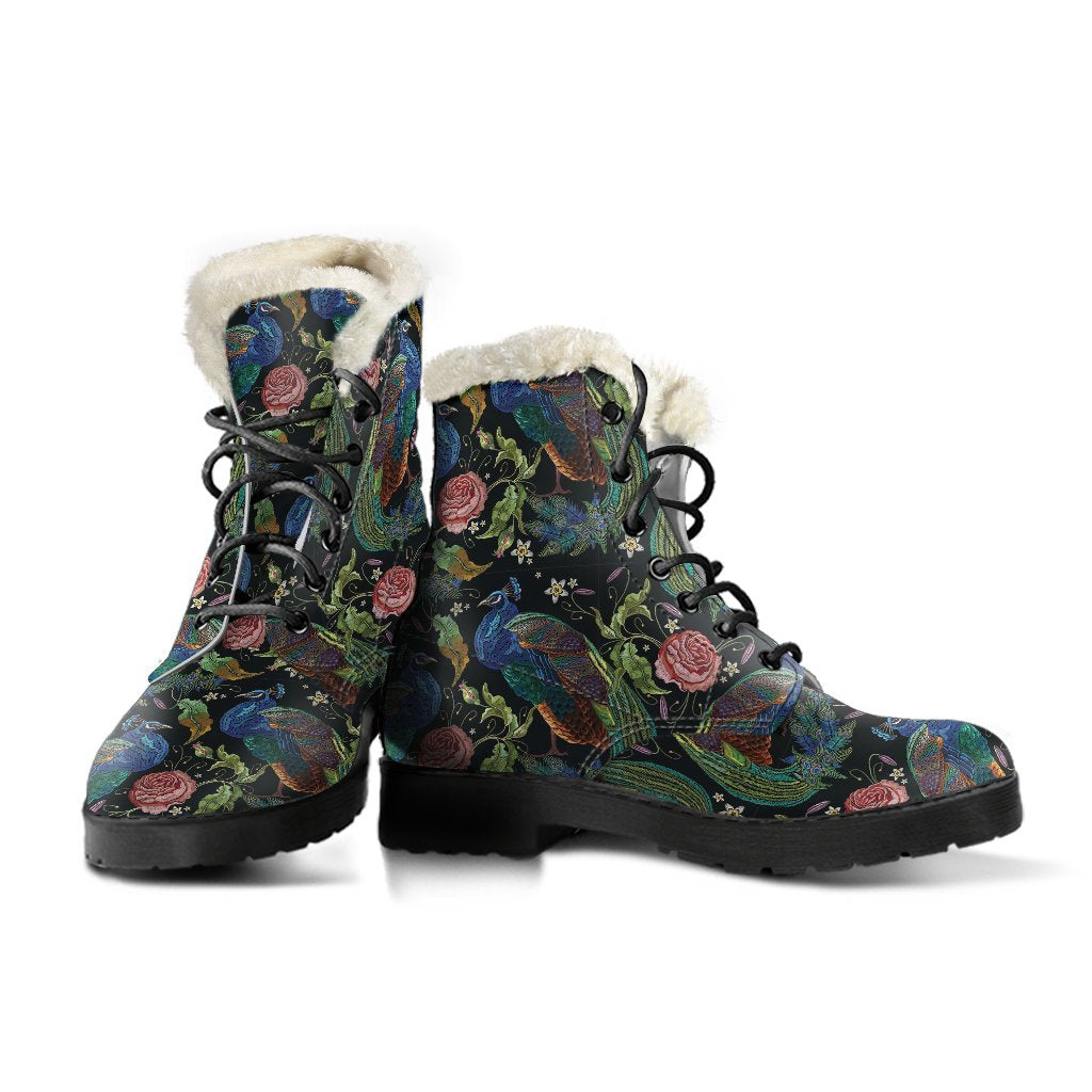 Peacock Rose Pattern Print Comfy Winter Boots-grizzshop