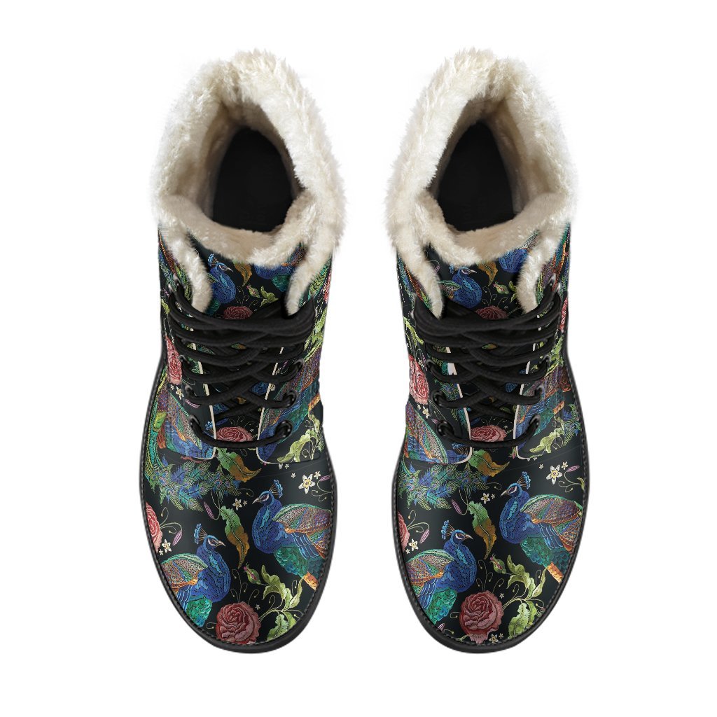Peacock Rose Pattern Print Comfy Winter Boots-grizzshop