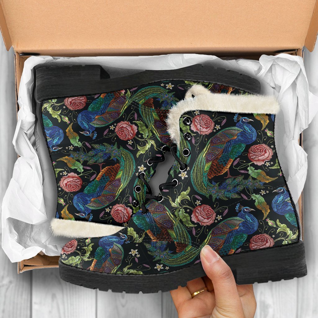 Peacock Rose Pattern Print Comfy Winter Boots-grizzshop