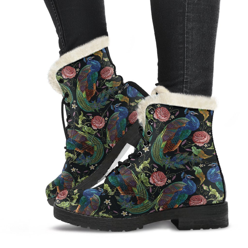 Peacock Rose Pattern Print Comfy Winter Boots-grizzshop