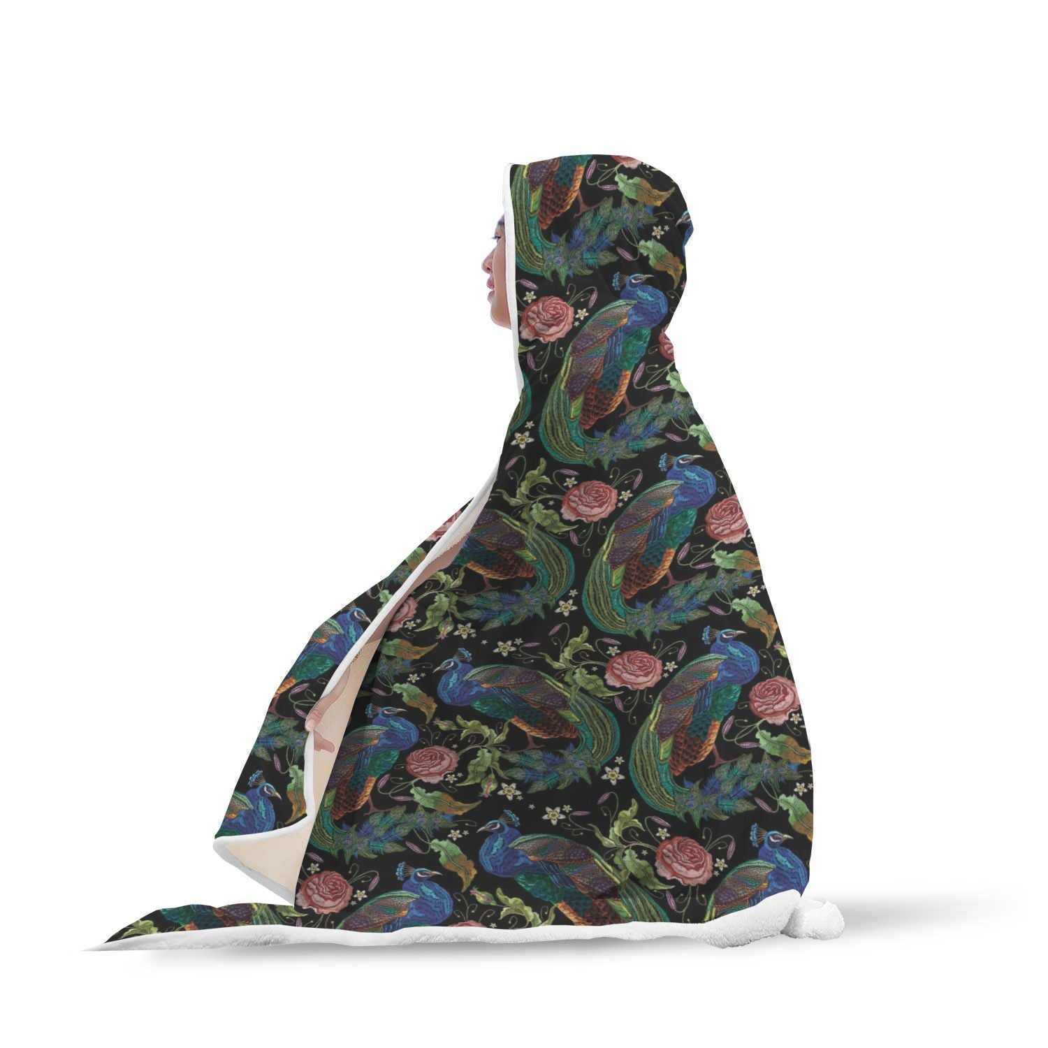 Peacock Rose Pattern Print Hooded Blanket-grizzshop