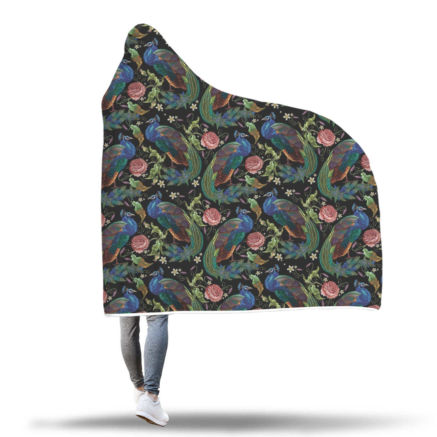 Peacock Rose Pattern Print Hooded Blanket-grizzshop