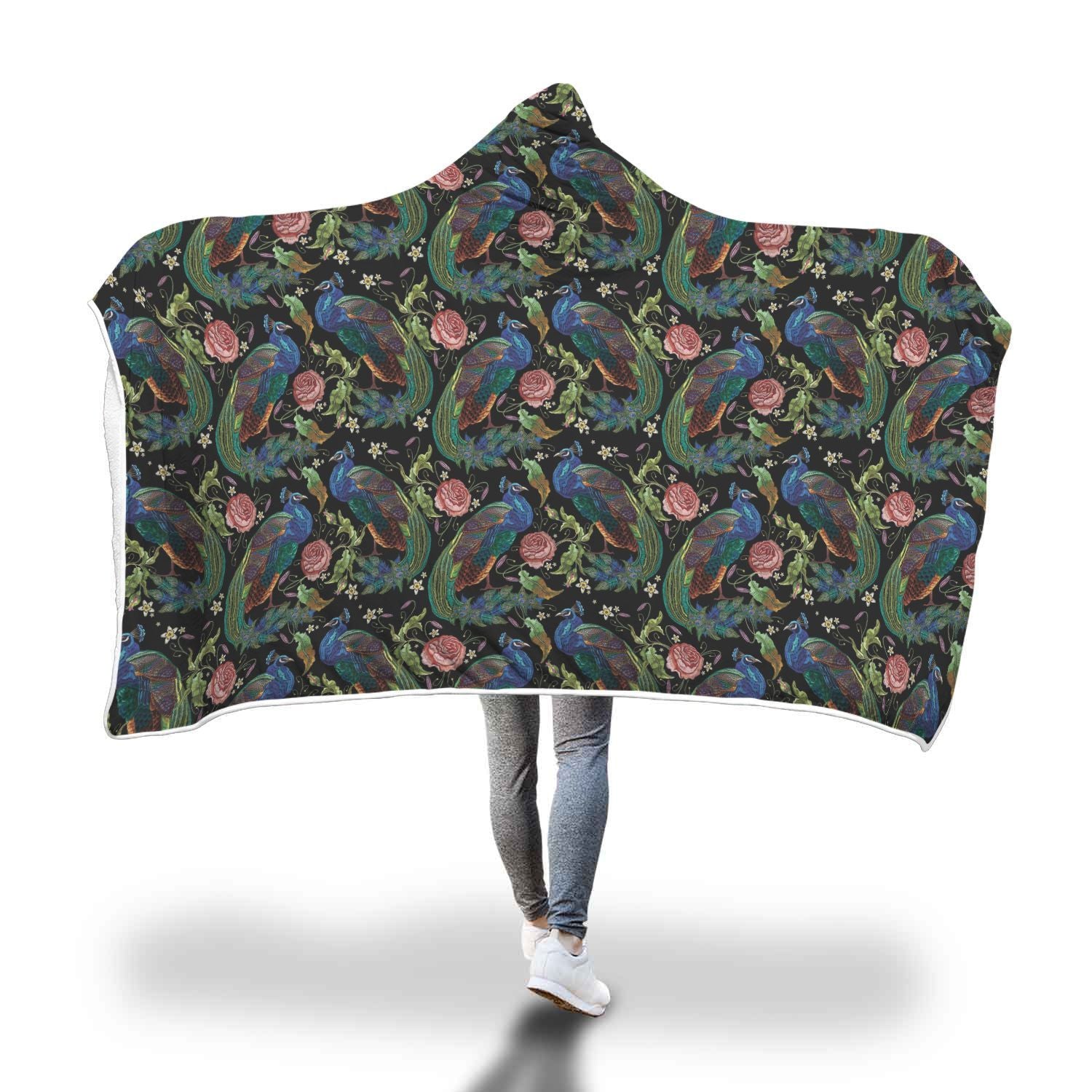 Peacock Rose Pattern Print Hooded Blanket-grizzshop