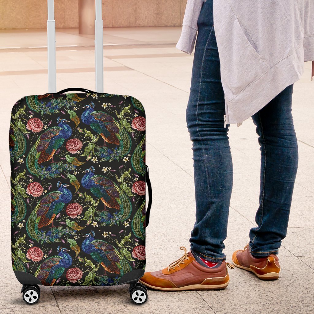 Peacock Rose Pattern Print Luggage Cover Protector-grizzshop
