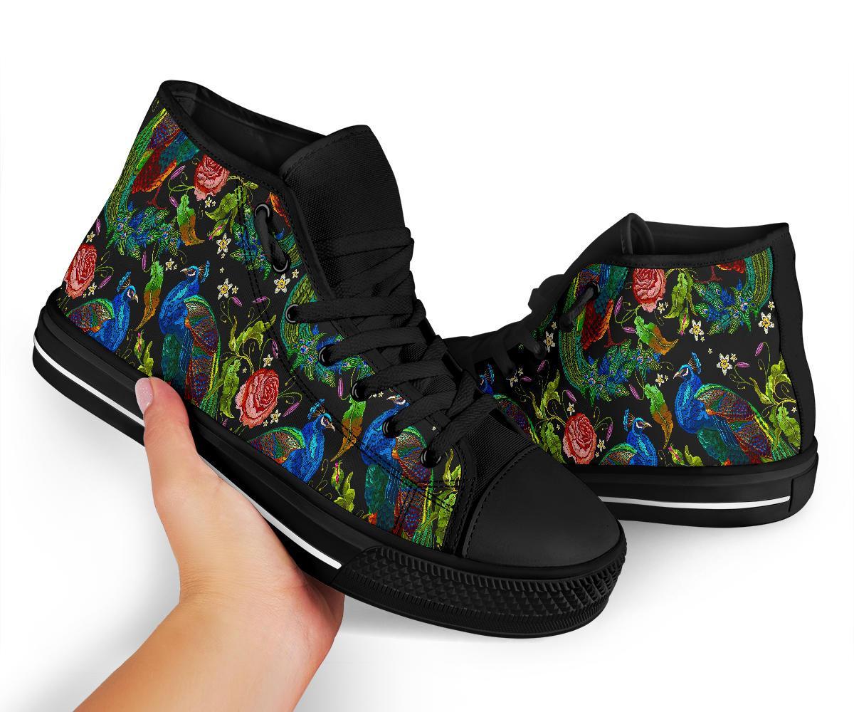 Peacock Rose Pattern Print Men Women's High Top Shoes-grizzshop