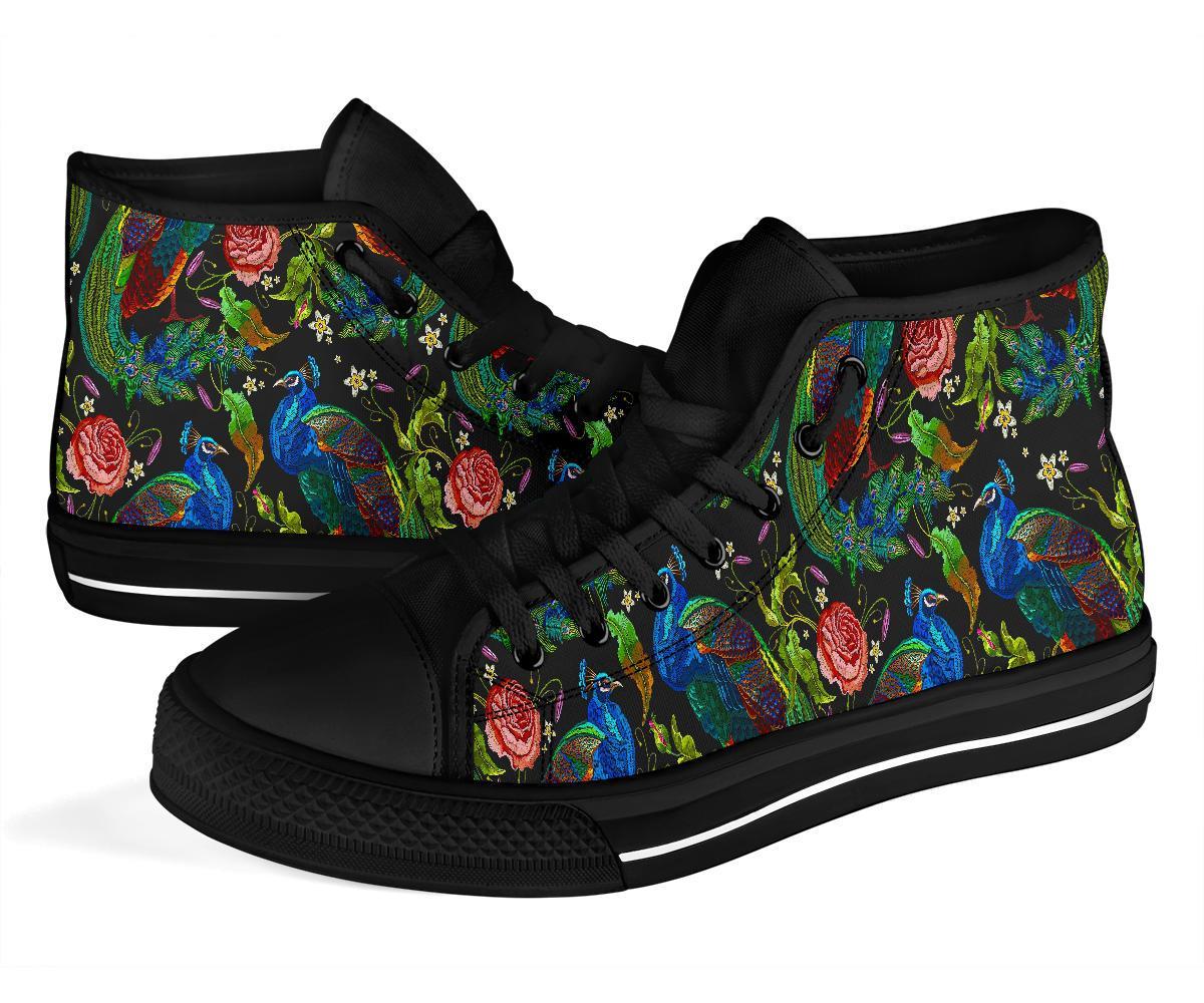 Peacock Rose Pattern Print Men Women's High Top Shoes-grizzshop