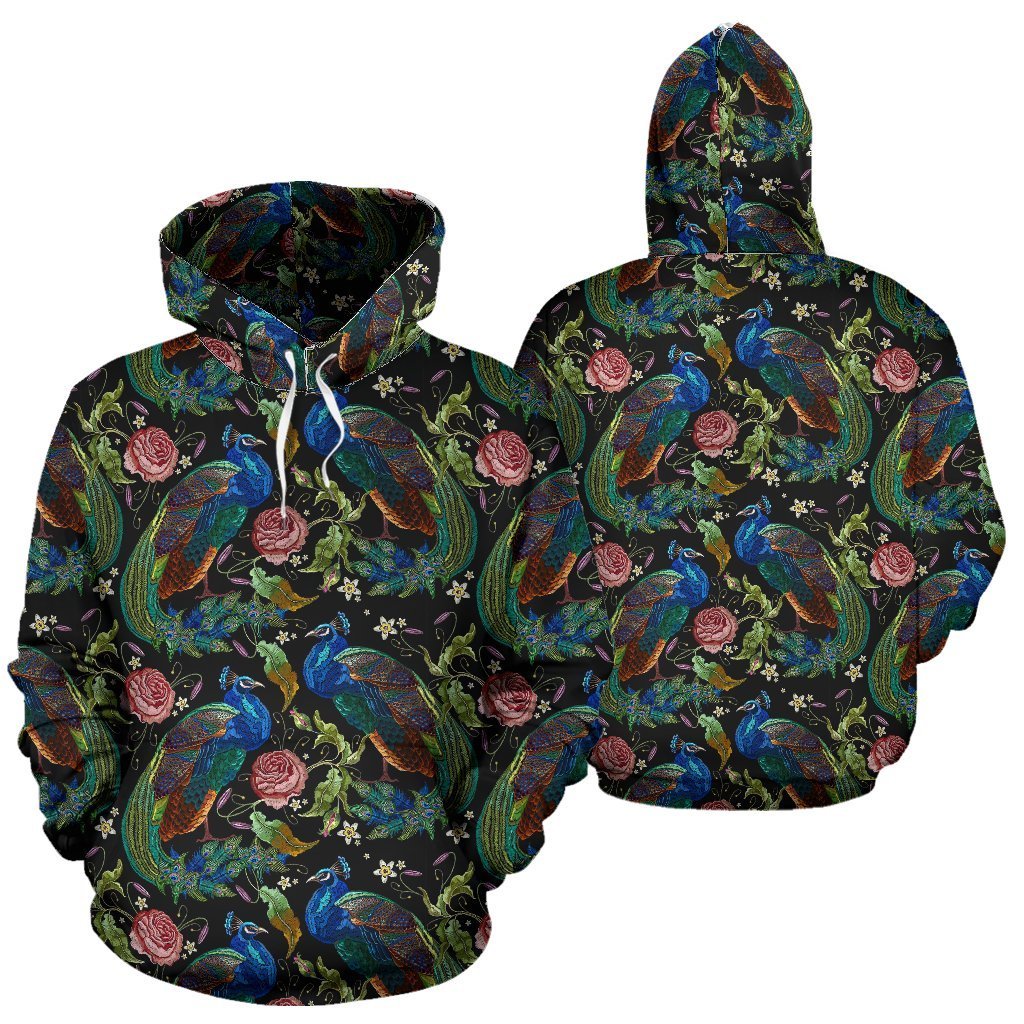 Peacock Rose Pattern Print Women Men Pullover Hoodie-grizzshop