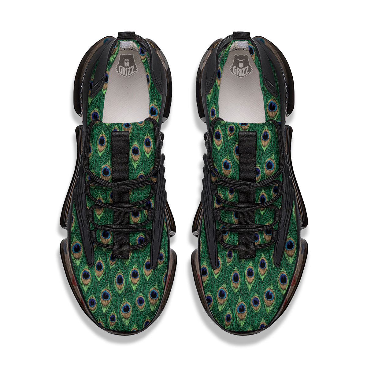 Peacock Tail Print Black Gym Shoes-grizzshop