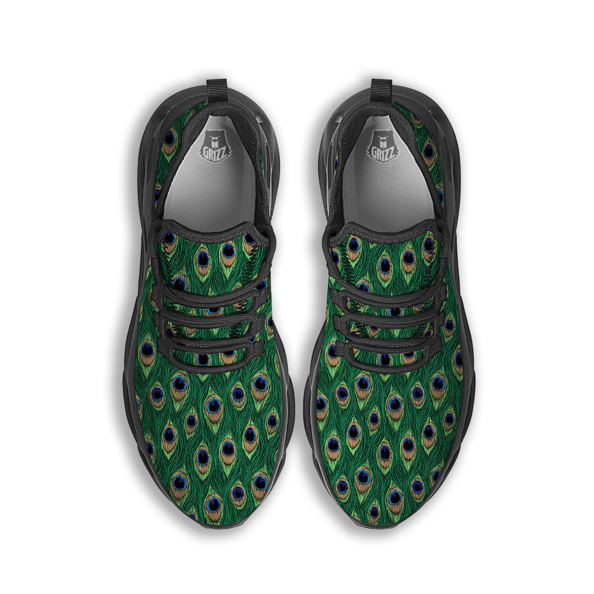 Peacock Tail Print Black Running Shoes-grizzshop
