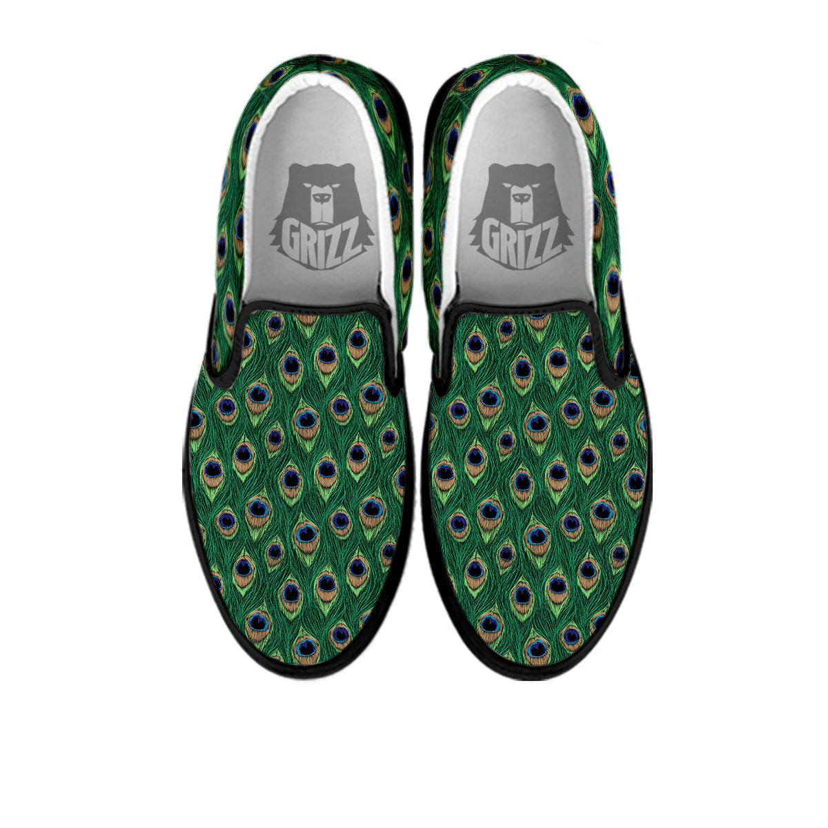Peacock Tail Print Black Slip On Shoes-grizzshop