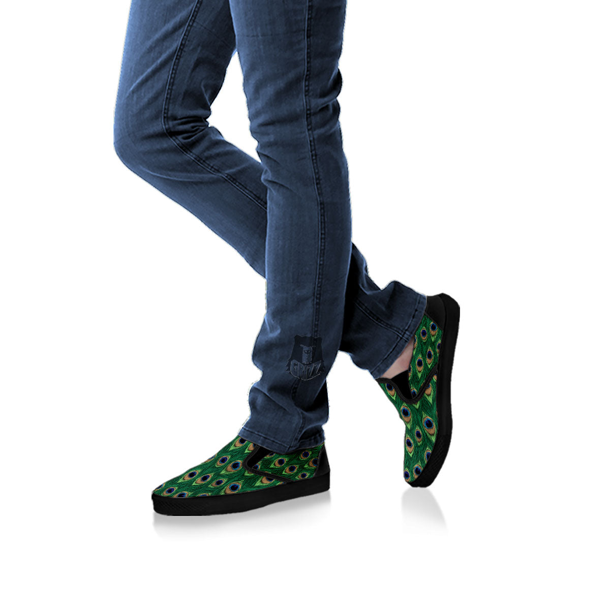 Peacock Tail Print Black Slip On Shoes-grizzshop
