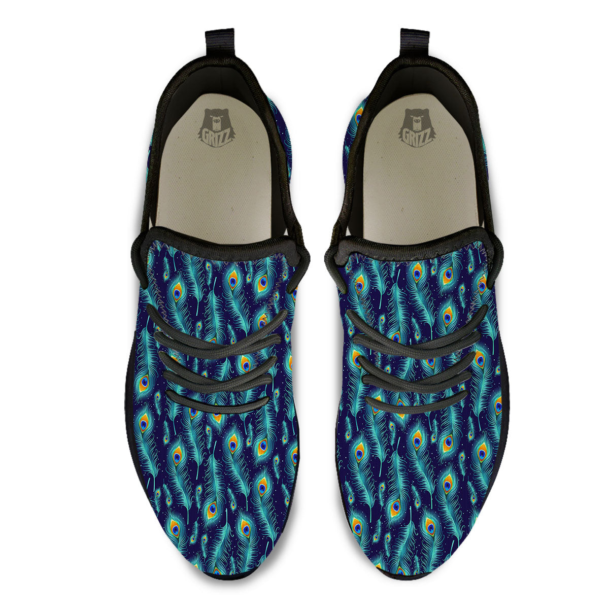 Peacock Tail Print Pattern Black Athletic Shoes-grizzshop