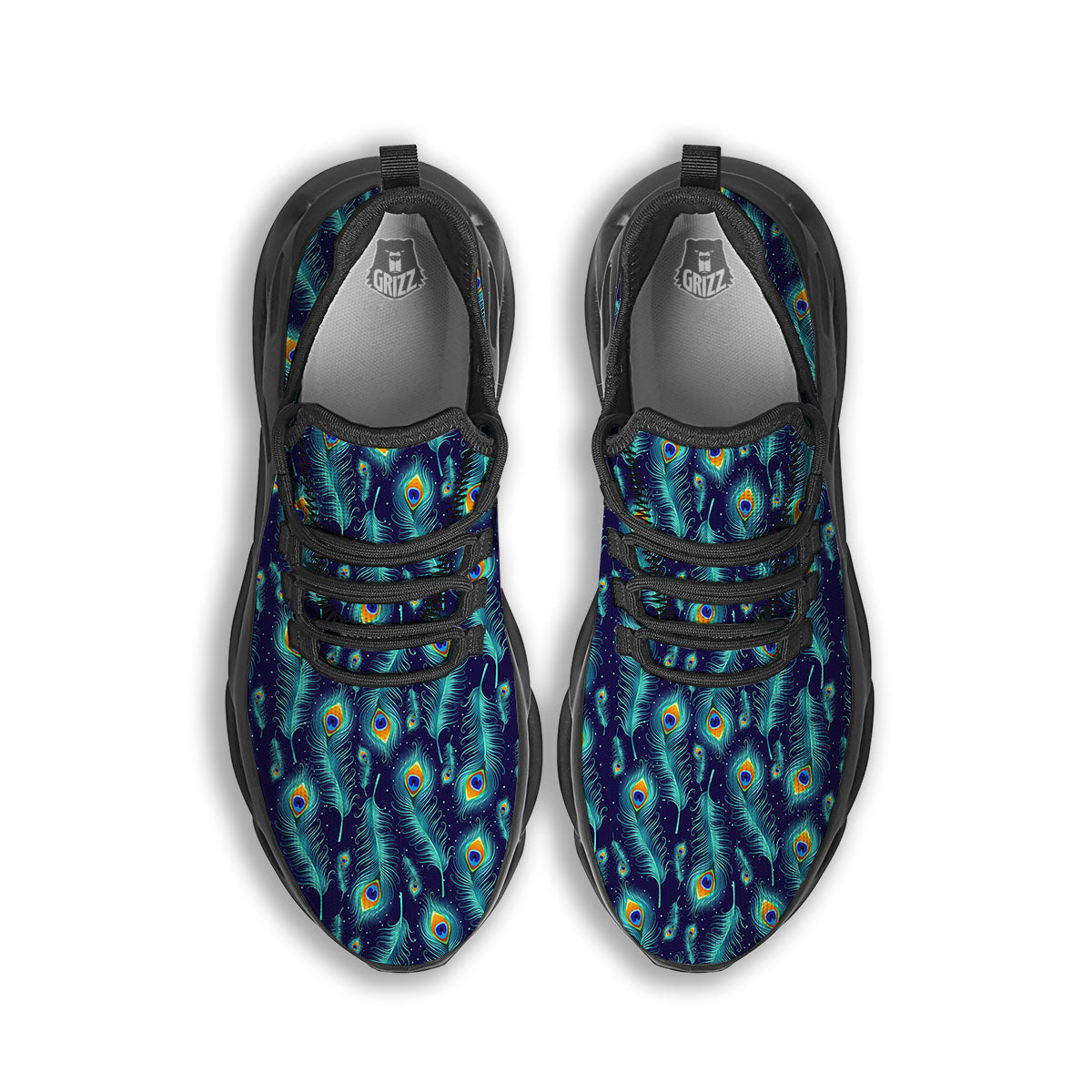 Peacock Tail Print Pattern Black Running Shoes-grizzshop