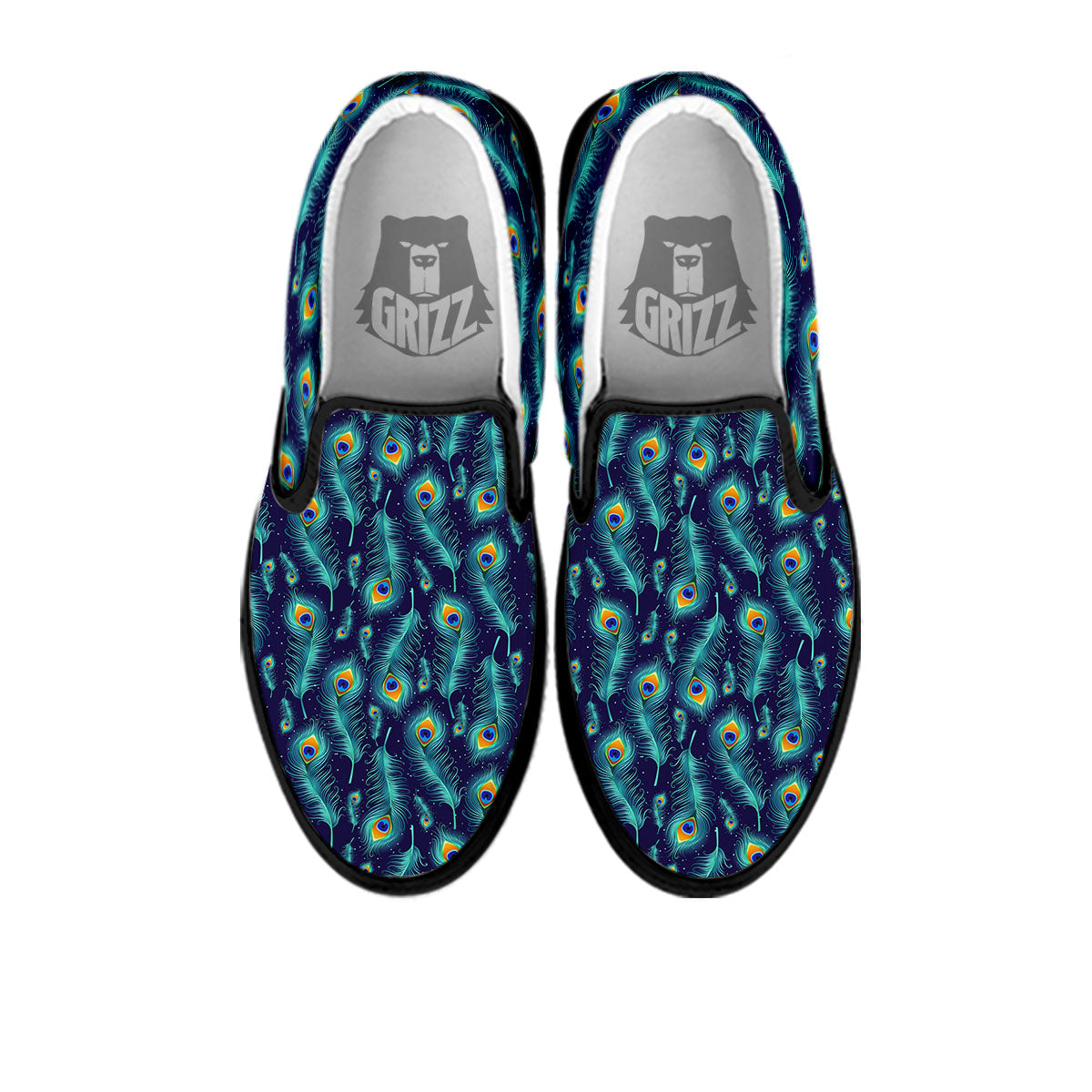 Peacock Tail Print Pattern Black Slip On Shoes-grizzshop