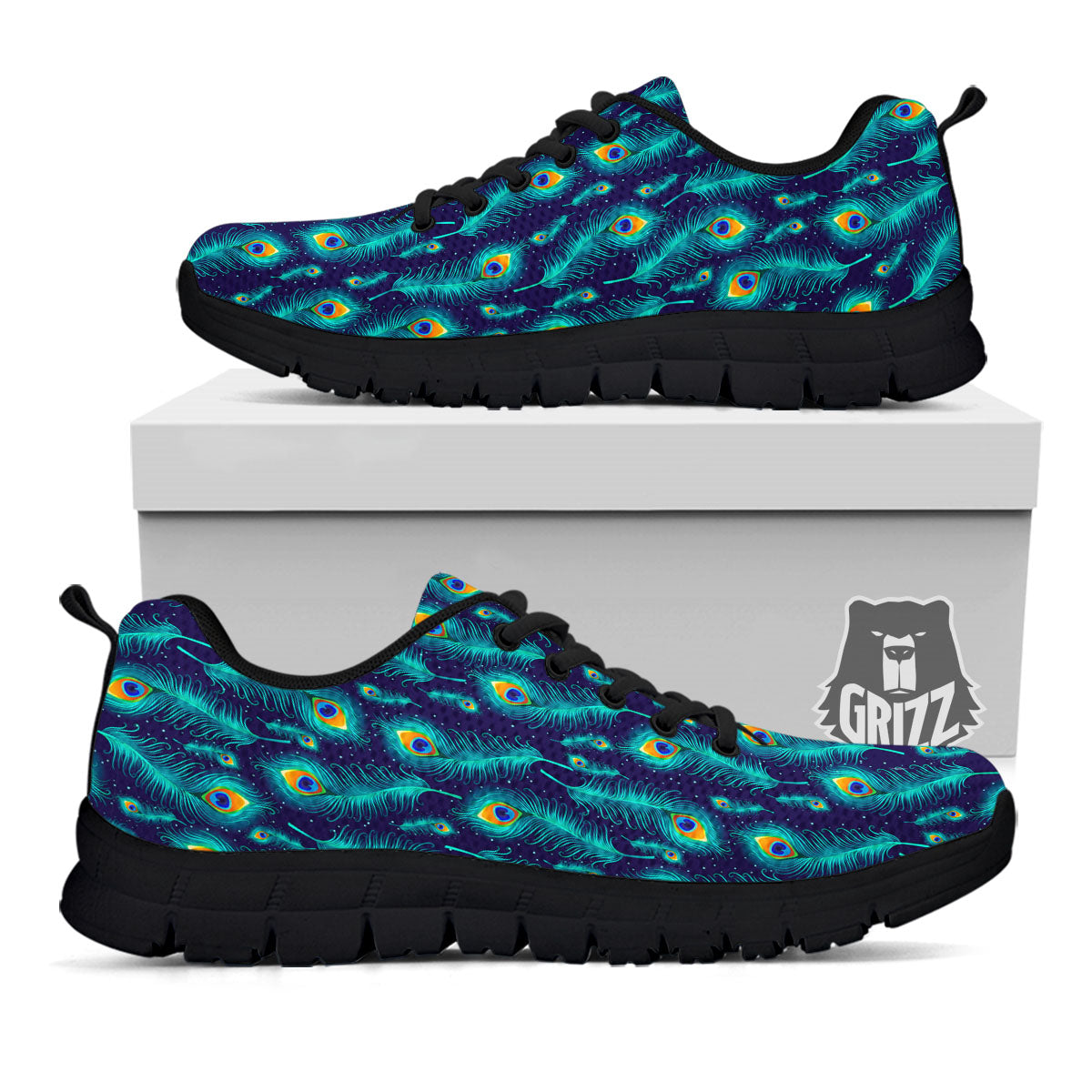 Peacock Tail Print Pattern Black Sneaker-grizzshop