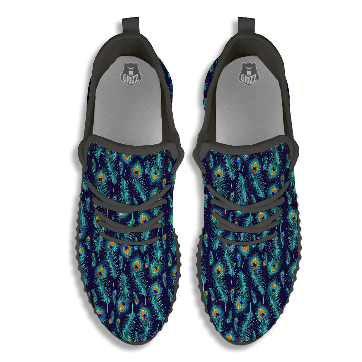 Peacock Tail Print Pattern Black Walking Shoes-grizzshop