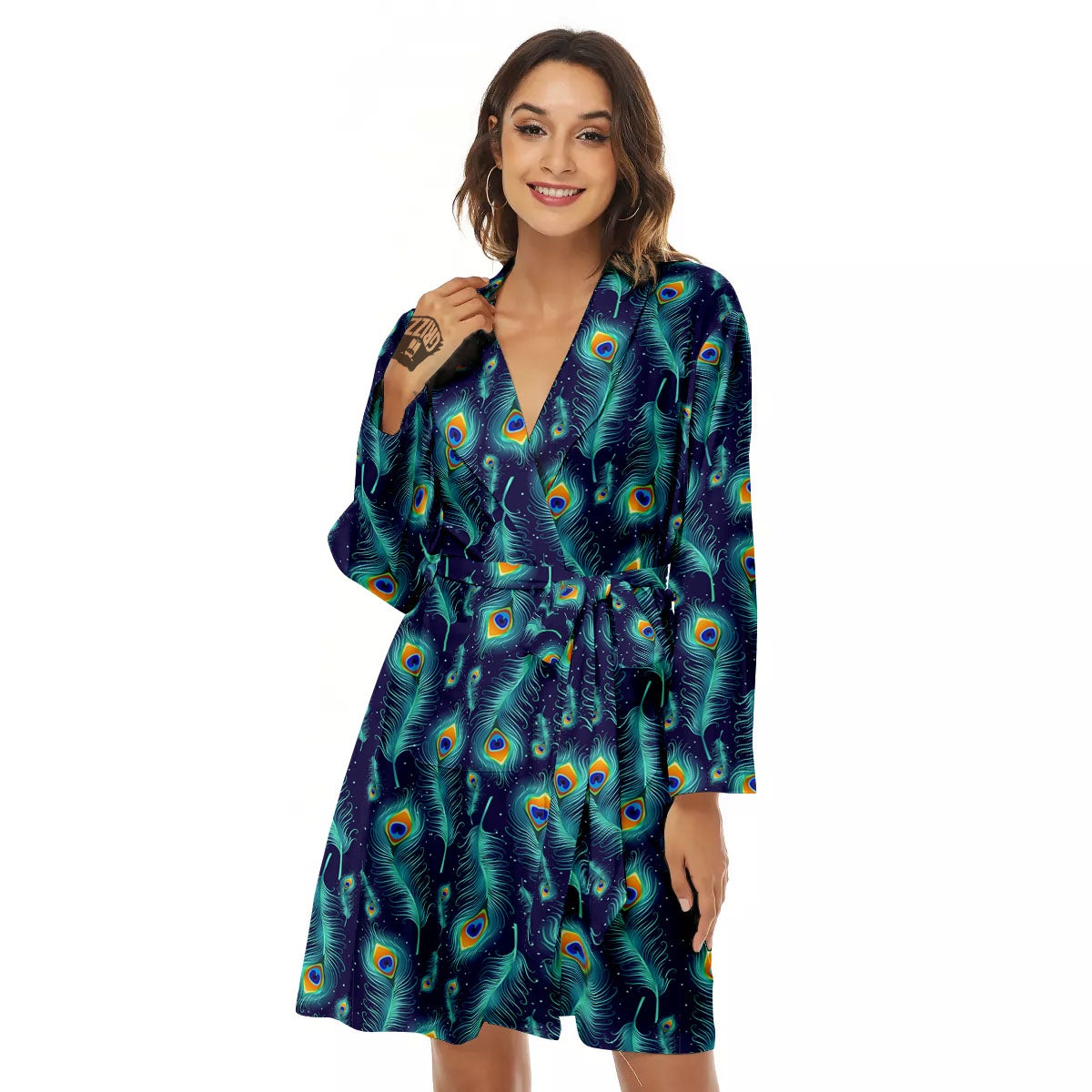 Peacock Tail Print Pattern Women's Robe-grizzshop