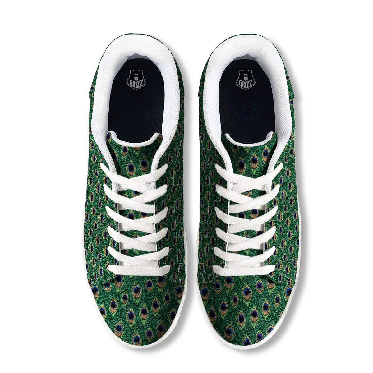 Peacock Tail Print White Low Top Sneakers-grizzshop