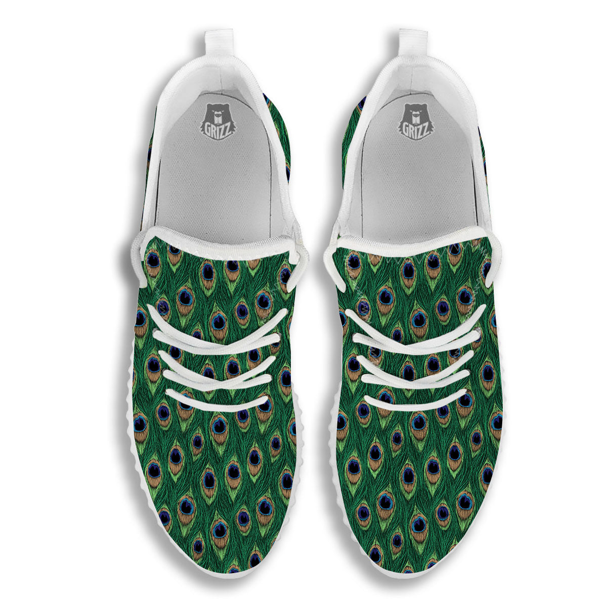 Peacock Tail Print White Walking Shoes-grizzshop