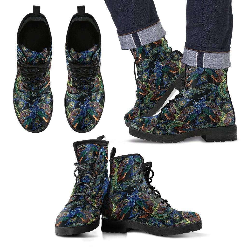 Peacock Feather Pattern Print Men Women Leather Boots-grizzshop