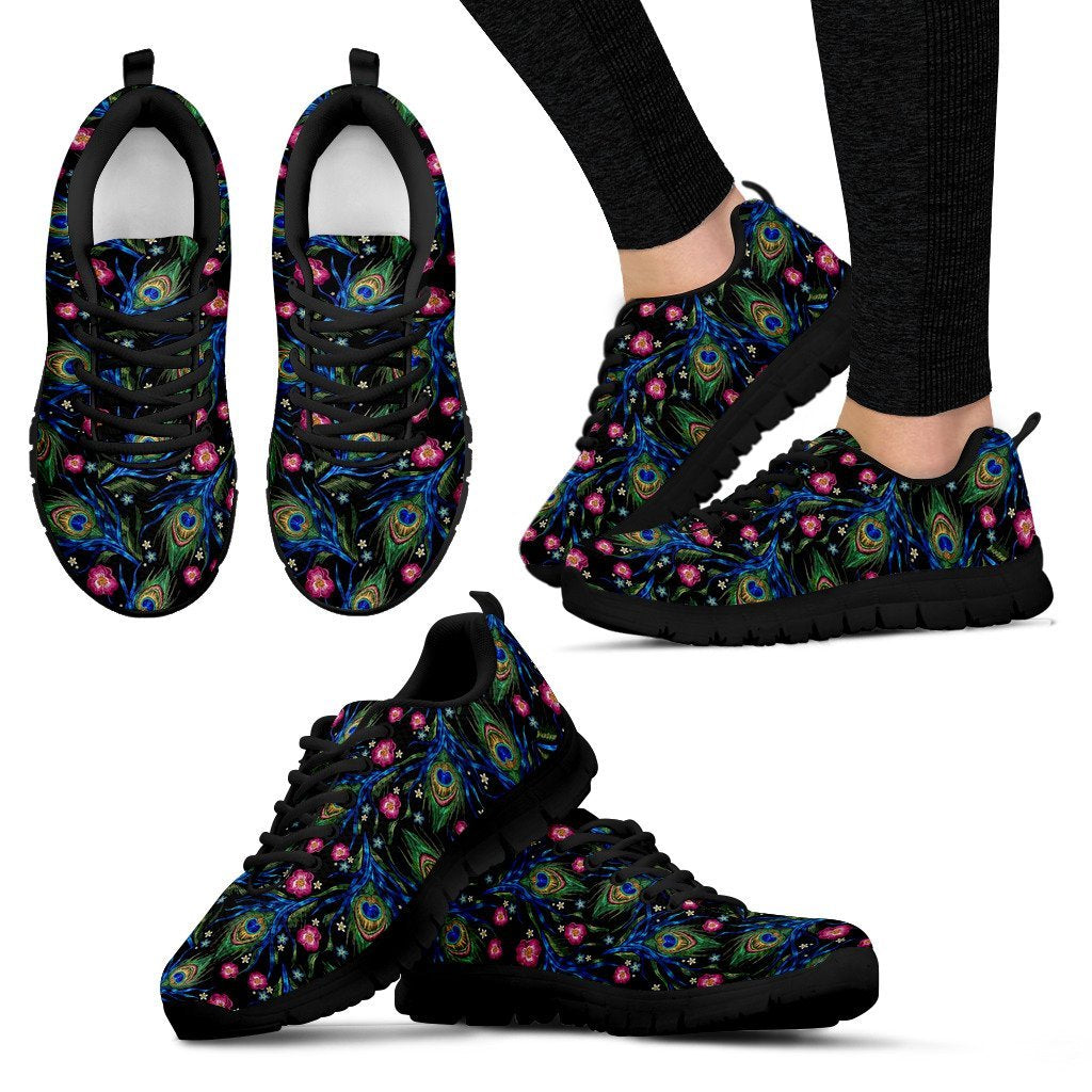 Peacock Rose Feather Pattern Print Black Sneaker Shoes For Men Women-grizzshop