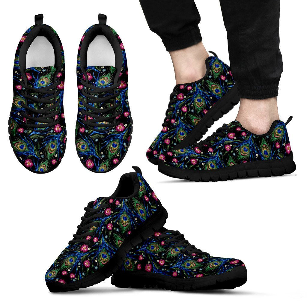 Peacock Rose Feather Pattern Print Black Sneaker Shoes For Men Women-grizzshop