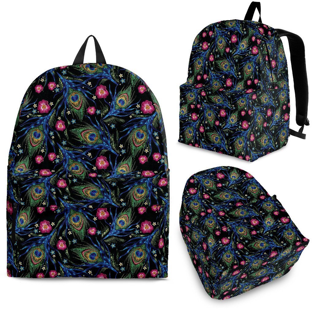 Peacock Rose Feather Pattern Print Premium Backpack-grizzshop