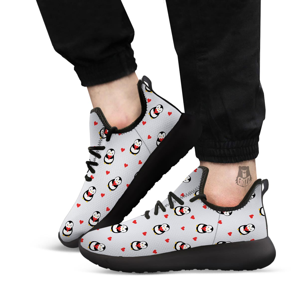 Penguin And Red Heart Print Pattern Black Athletic Shoes-grizzshop