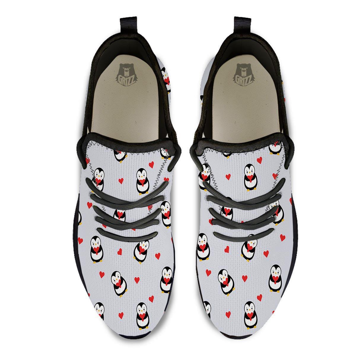 Penguin And Red Heart Print Pattern Black Athletic Shoes-grizzshop