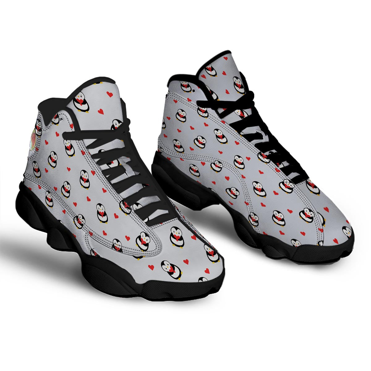 Penguin And Red Heart Print Pattern Black Basketball Shoes-grizzshop