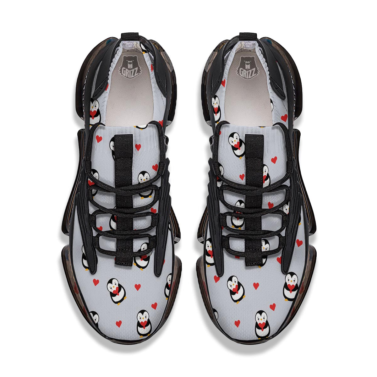 Penguin And Red Heart Print Pattern Black Gym Shoes-grizzshop