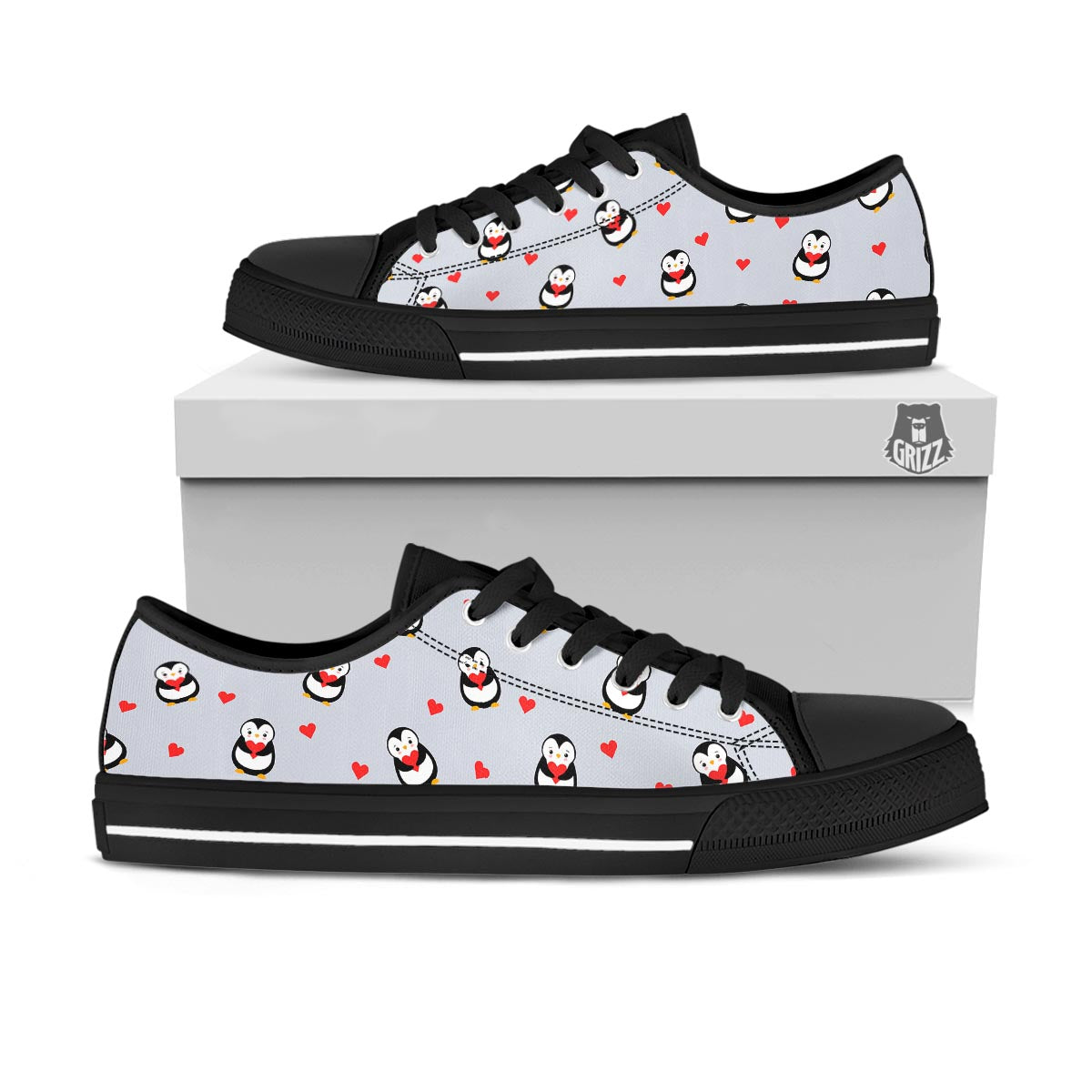 Penguin And Red Heart Print Pattern Black Low Top Shoes-grizzshop