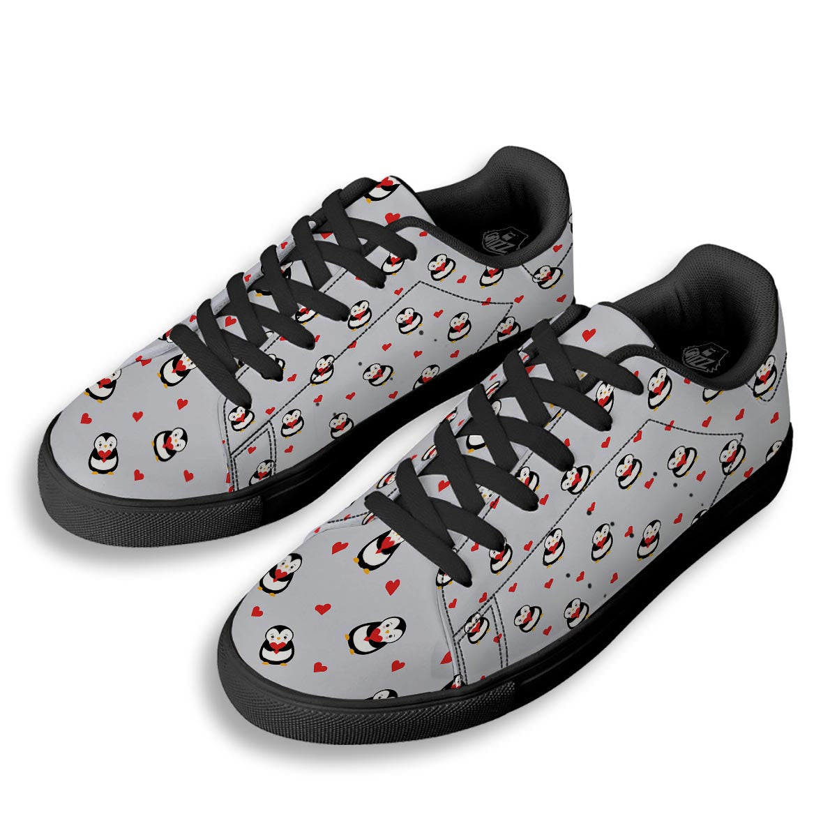 Penguin And Red Heart Print Pattern Black Low Top Sneakers-grizzshop